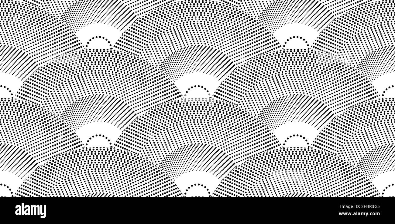 Motif noir et blanc ondulé sans couture.Décoration Seigaiha de style japonais.Imprimé pois dessinés à la main.Illustration du vecteur de bannière isolée Illustration de Vecteur