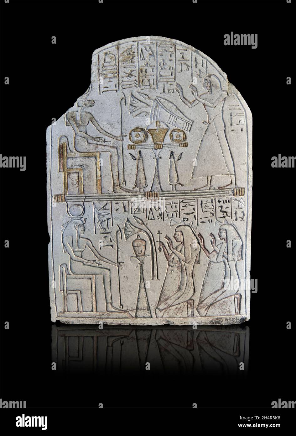 Ancienne stèle égyptienne de Penboui, gardien de Deir el-Mdina, adorant Taweret.Musée du Louvre E 16374.1er registre; scène d'adoration; homme standi Banque D'Images