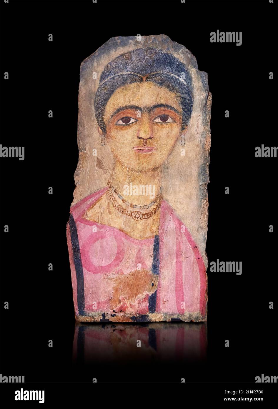 Roman égyptien Fayum portrait de momie, 4e cent AD, Philadelphie El-Rubayat.Musée du Louvre MND 2029.Femme buste, portrait, cheveux vêtus; bijoux, eariri Banque D'Images