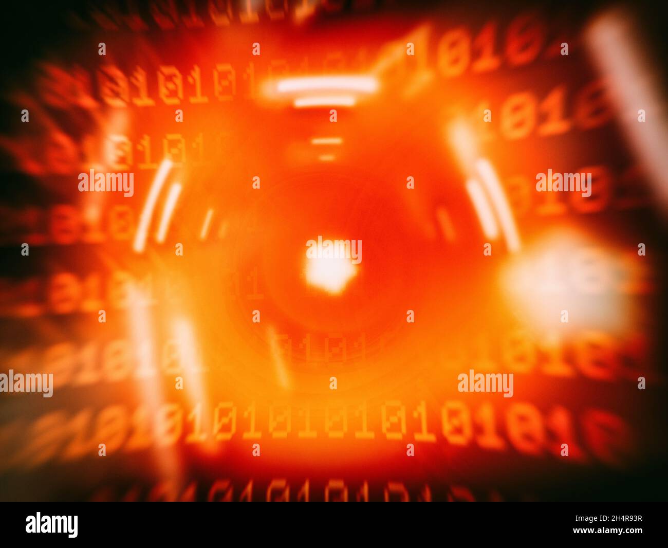 L'intelligence artificielle regarde l'œil sur un arrière-plan de code binaire abstrait Banque D'Images