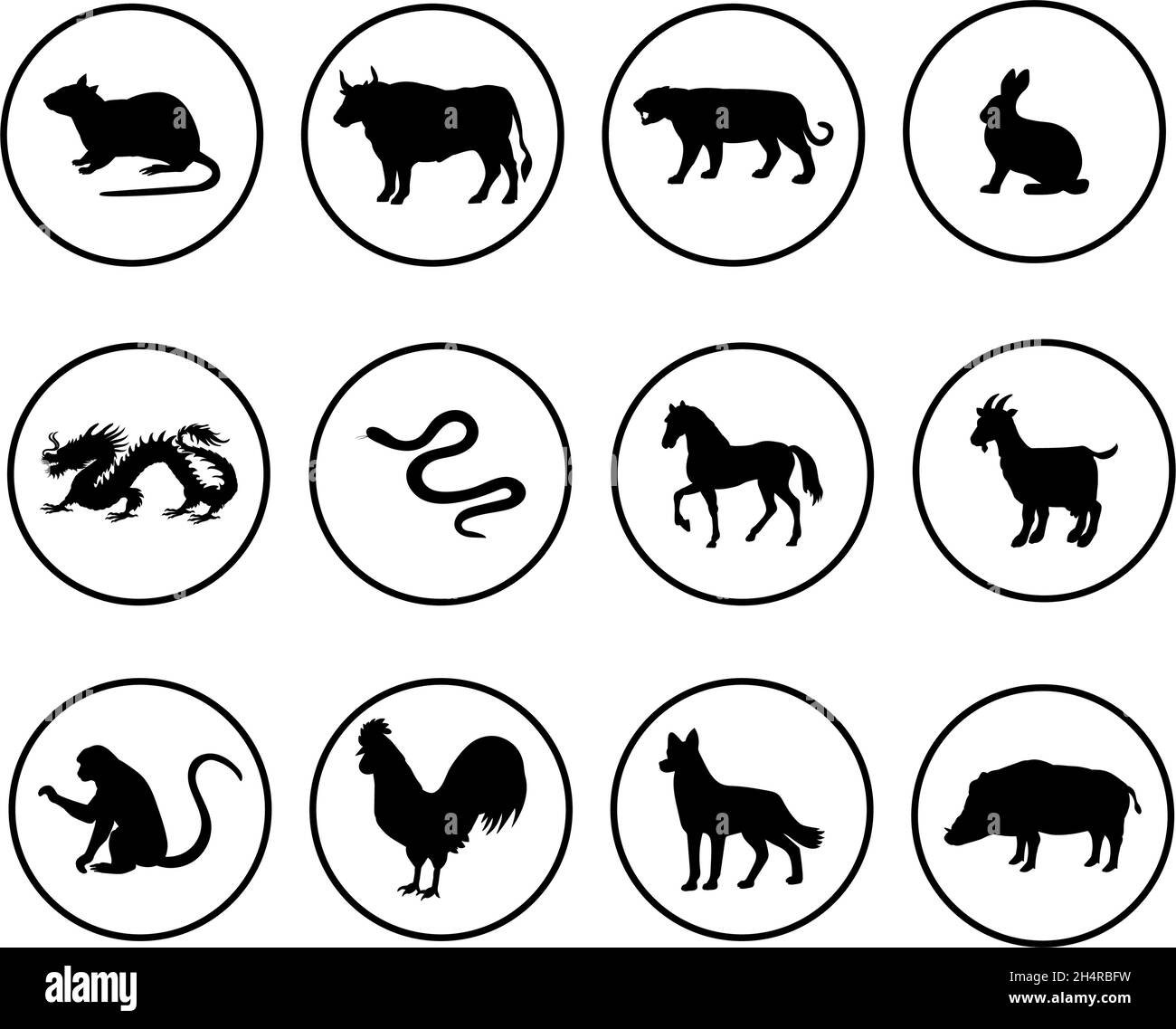 Silhouettes d'animaux pour l'horoscope signes du zodiaque. Calendrier chinois. Illustration de Vecteur