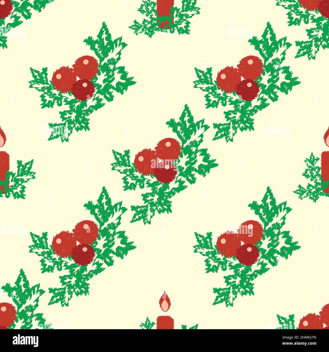 Noël bougies, baies, Holly sans couture motif vectoriel.Décor festif avec motifs traditionnels en forme de gribouillage.Rouge, vert Illustration de Vecteur