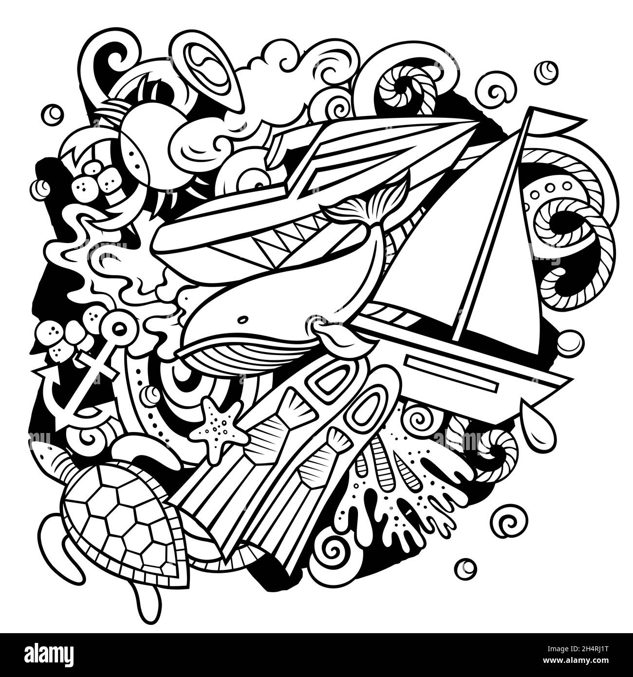 Illustration de dessins animés de plongée.Sports nautiques éléments et objets arrière-plan.Image amusante et simple.Tous les éléments sont séparés Illustration de Vecteur