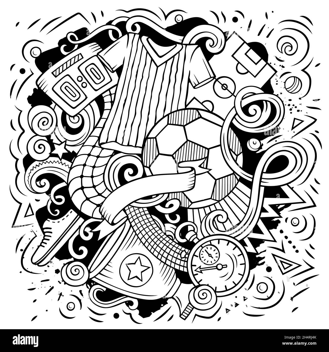 Dessin animé vectoriel de dessins de football illustration.Dessin au trait, détaillé, avec beaucoup d'arrière-plan d'objets.Tous les objets sont séparés.Football image drôle Illustration de Vecteur
