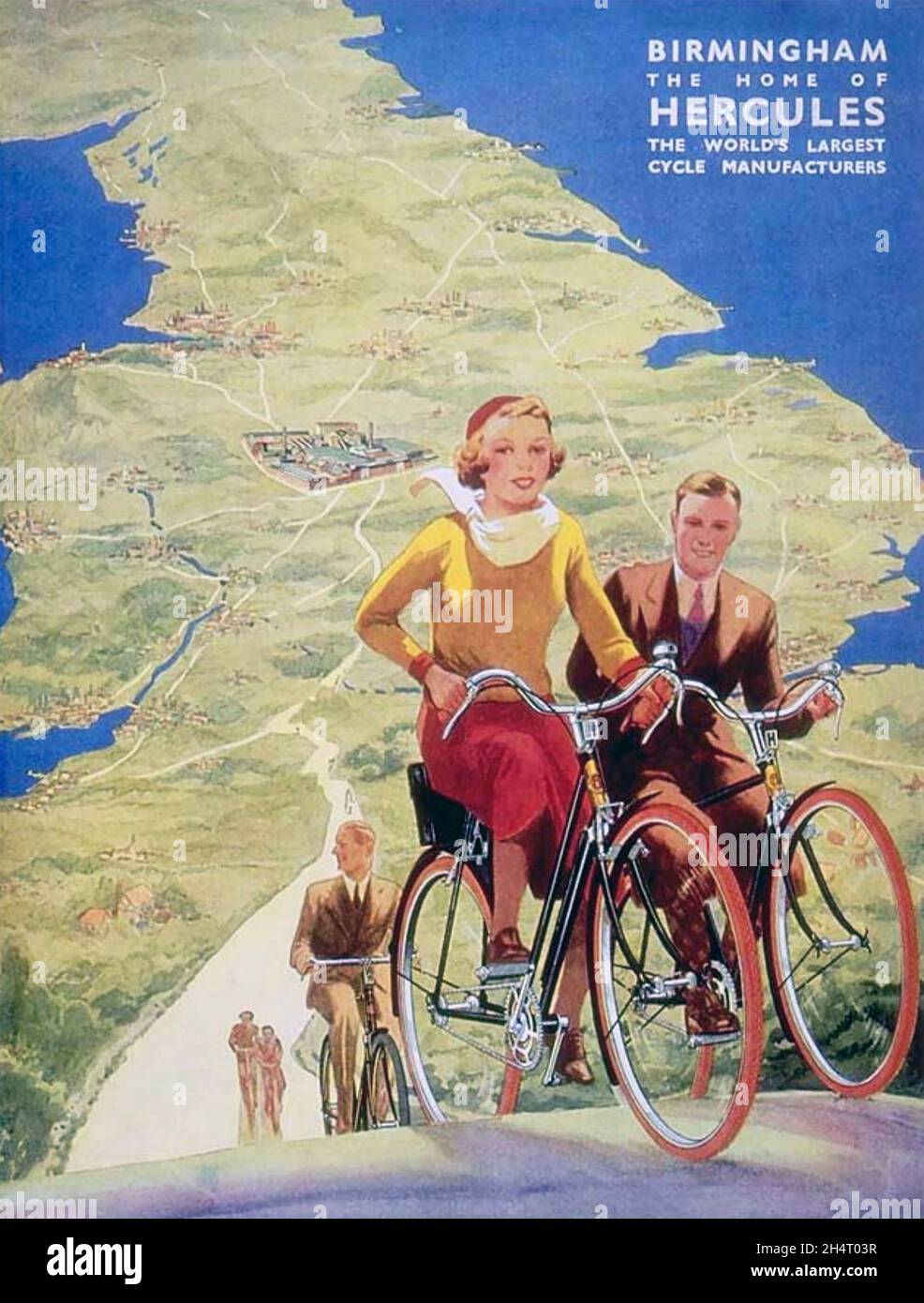 HERCULES CYCLE poster 1934 mettant en valeur leur usine à Aston, Birmingham. Banque D'Images