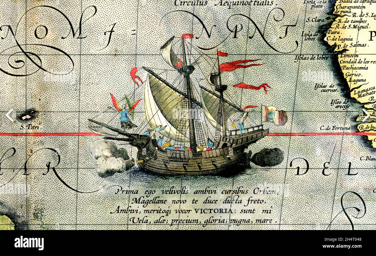 VICTORIA le seul navire de la flotte de Ferdinand Magellan de cinq à compléter la navigation du monde en 1522 à partir de la carte 1590 de l'océan Pacifique d'Abraham Ortelius Banque D'Images