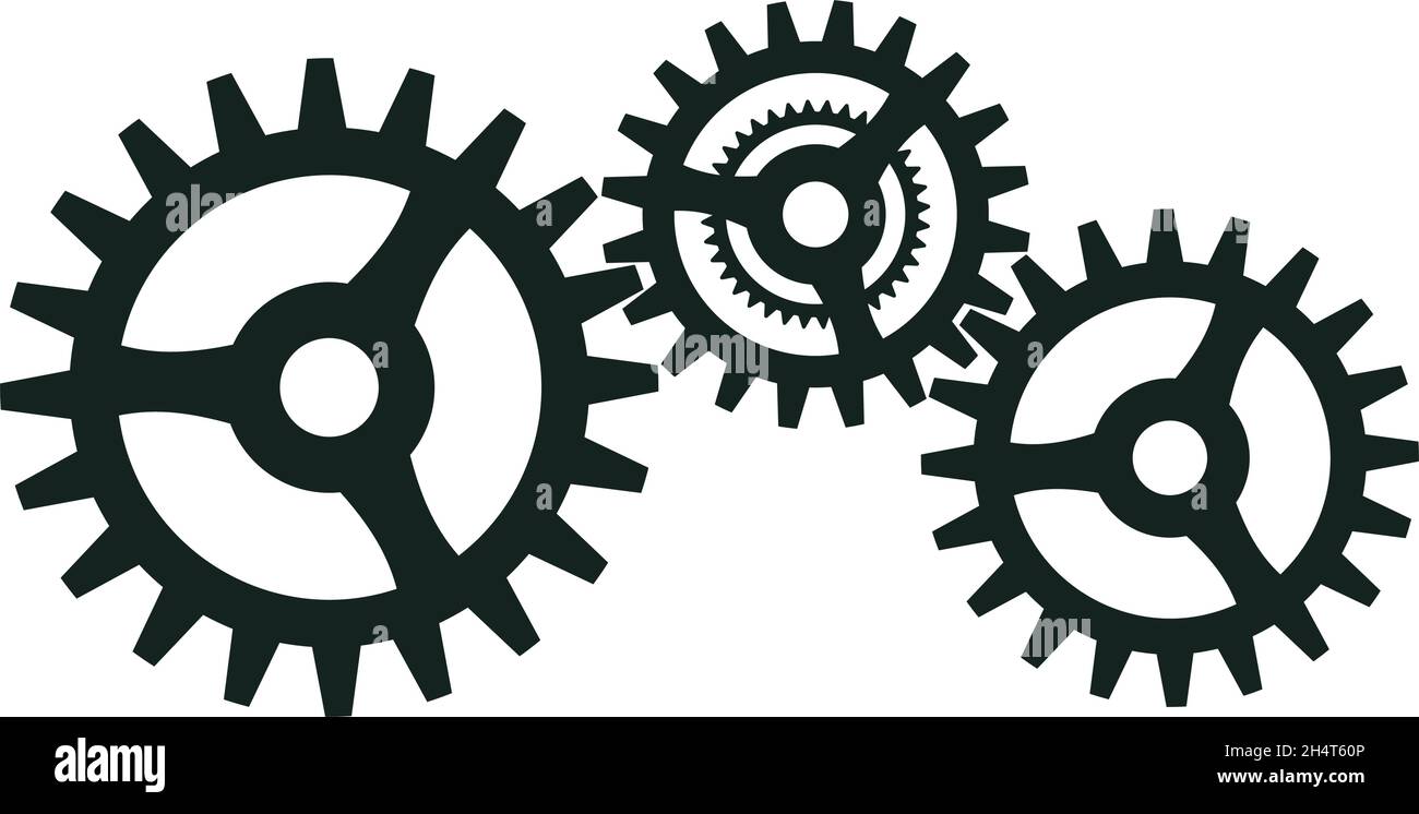 Symbole de roue dentée ou de travail sur fond blanc isolé.Trois roues noires en coopération. Illustration de Vecteur