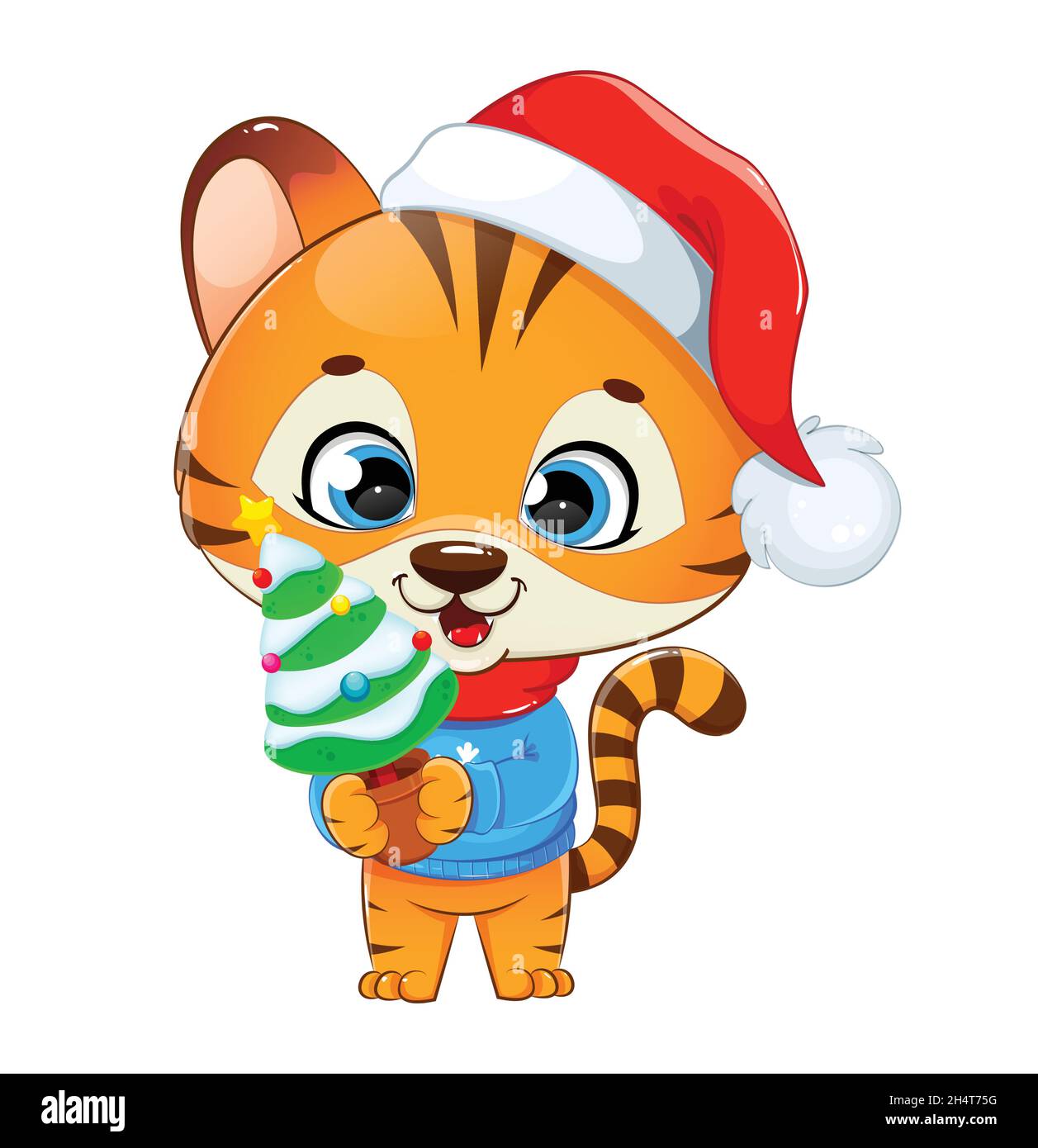 Joyeux Noël.Joli petit tigre.Personnage de dessin animé de tigre de bébé.Illustration vectorielle sur fond blanc. Illustration de Vecteur