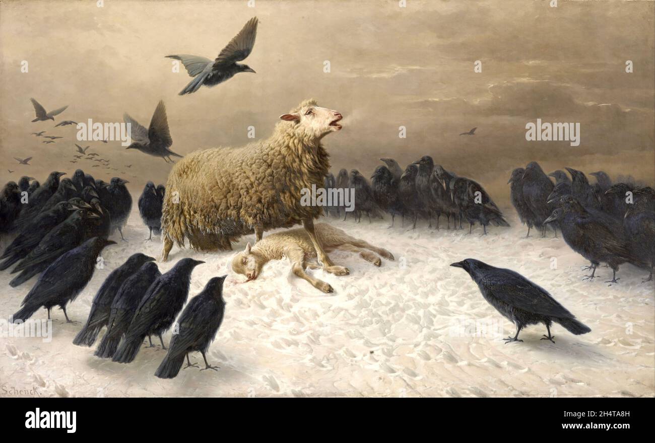 Août Friedrich Schenck œuvre intitulée Aguish - Une brebis léchant dans le chagrin debout sur le corps mort de son agneau encerclé par un meurtre de corbeaux. Banque D'Images