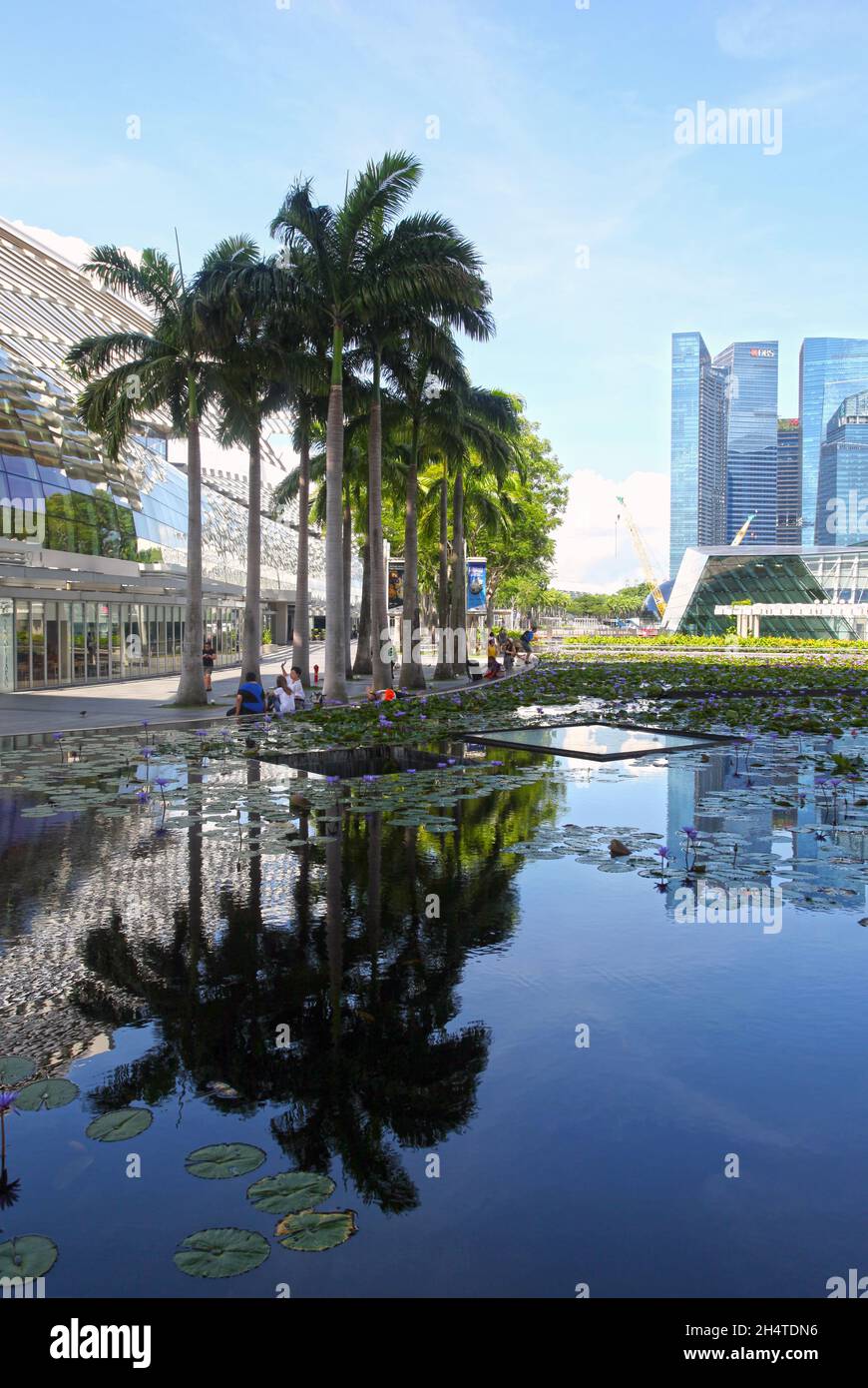 Vue sur le centre commercial Shoppes de Marina Bay Sands sur la gauche et sur le quartier financier de Singapour en arrière-plan. Banque D'Images