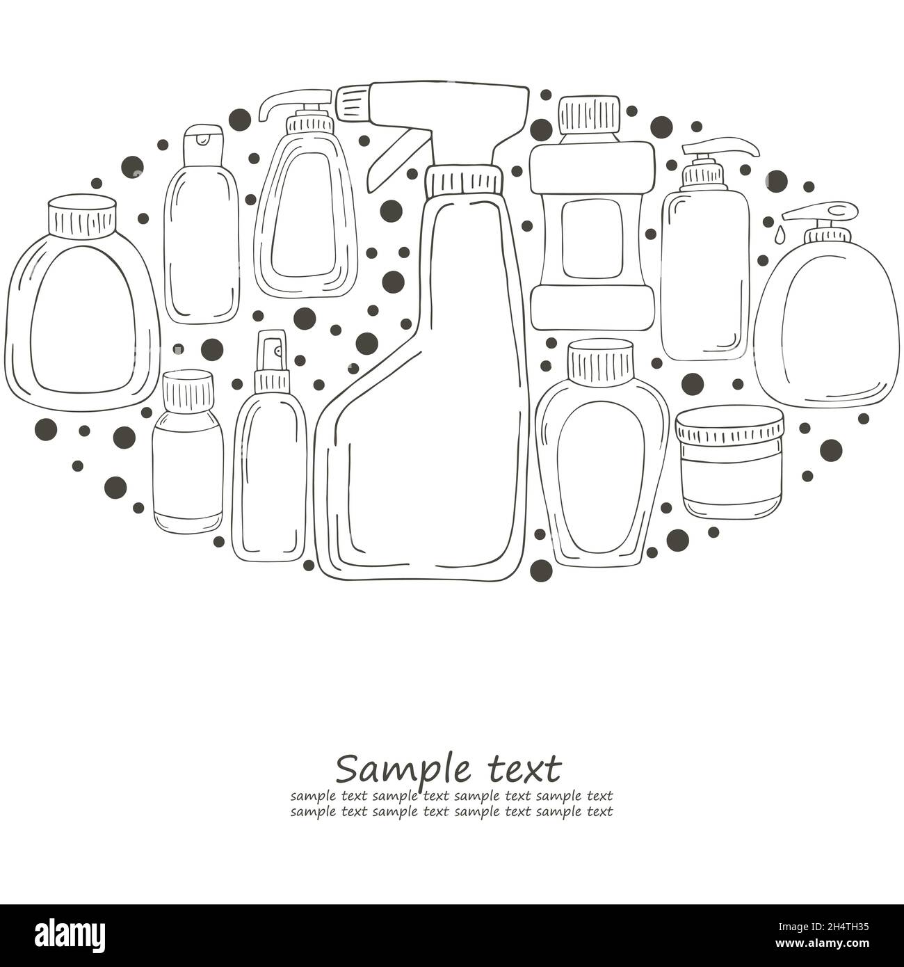 Éléments de coloriage en forme d'ovale.Ensemble d'éléments de salle de bains avec dessin à la main.Collection de canettes, emballages, tubes.Antiseptique, dentifrice Illustration de Vecteur