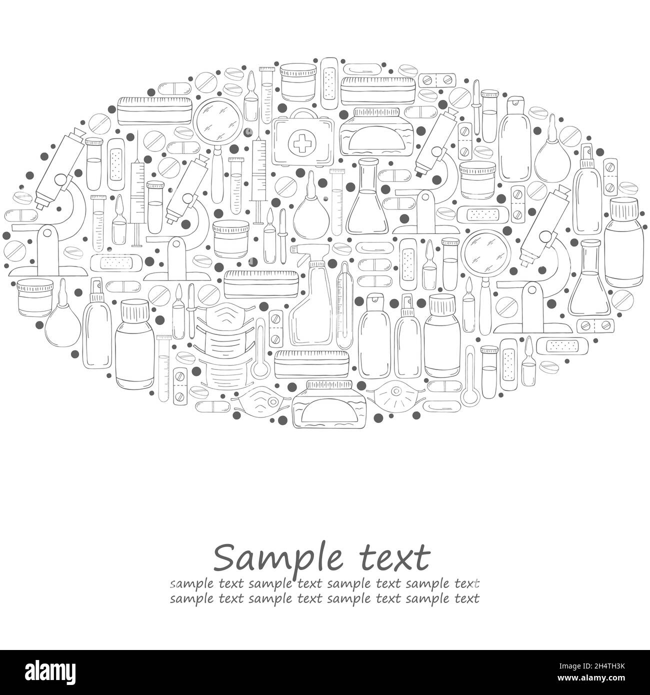 Illustrations vectorielles de couleur ovale, texte.Kit d'outils de laboratoire pour médecin de style manuel.Outils d'analyse, recherche de virus.Cas du médecin, microscope, aussi Illustration de Vecteur