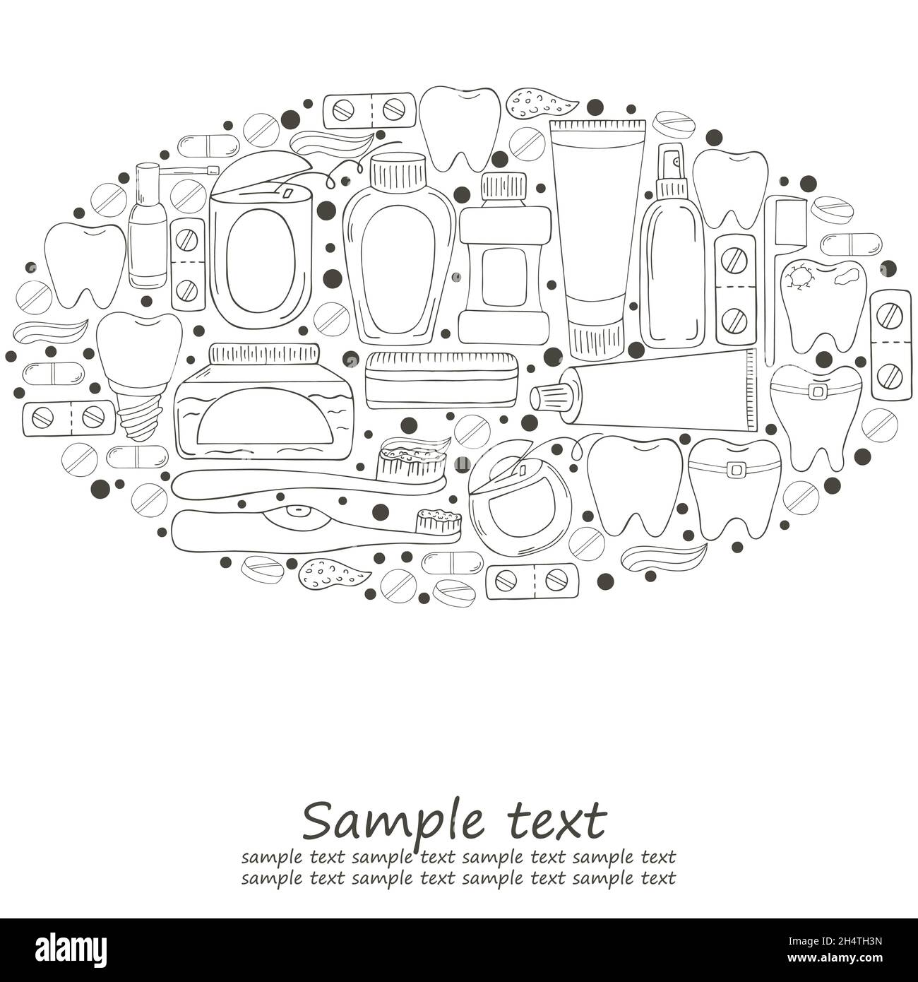 Éléments de dessin de couleur ovale, texte.Ensemble d'éléments pour le soin de la cavité buccale en dessinent à la main.Nettoyage des dents, santé dentaire.Dents, fil dentaire, Illustration de Vecteur