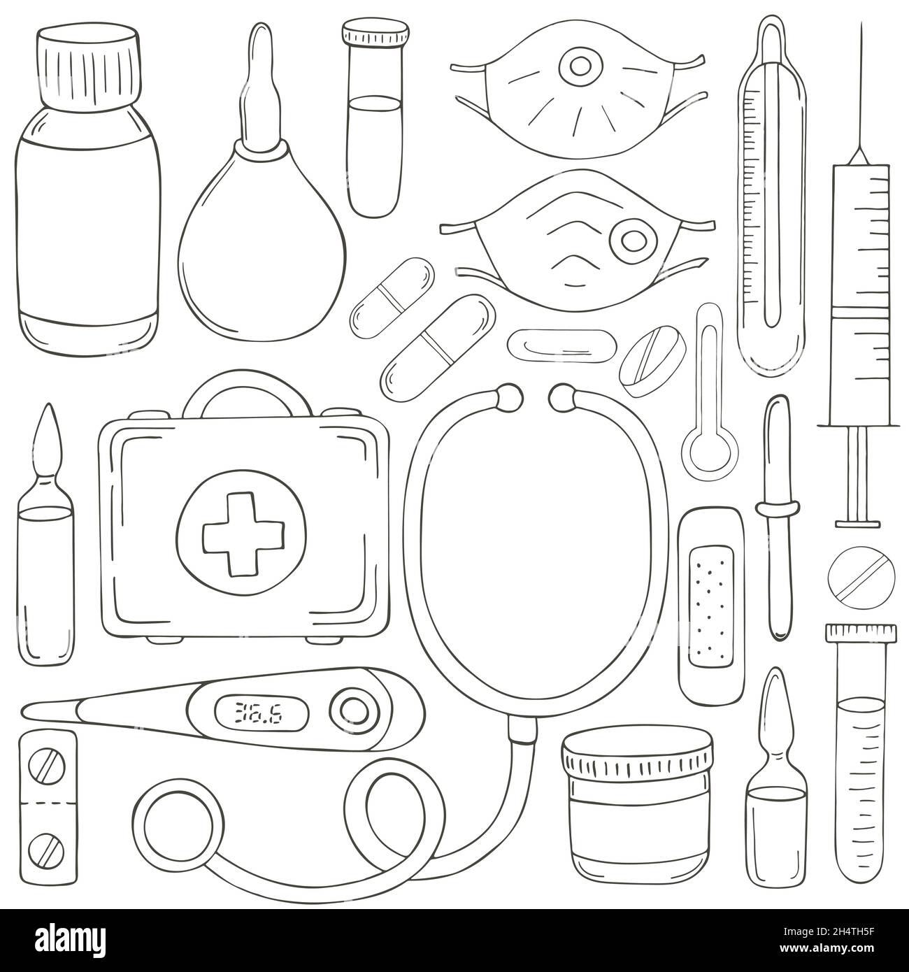 Page de coloriage.Jeu d'outils de médecin en forme de dessin à la  main.Ambulance médecin outils, cas médical, médicaments, stéthoscope Image  Vectorielle Stock - Alamy