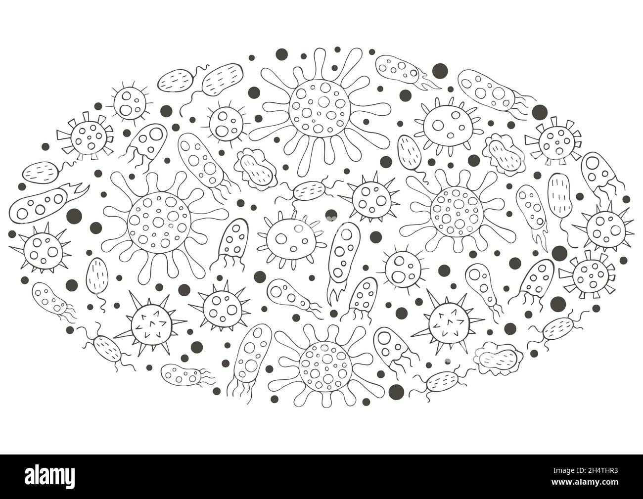 Coloration ovale des éléments de conception.Ensemble de microbes de dessin à la main.Coronavirus, virus, bactéries, micro-organismes Illustration de Vecteur