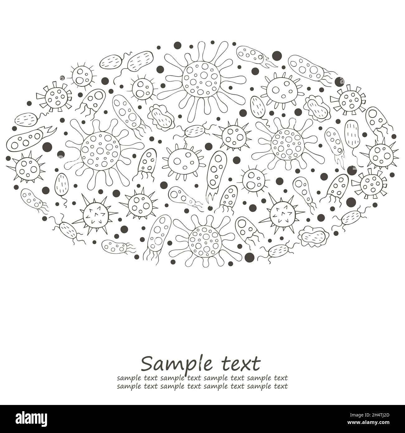 Couleur ovale des éléments de conception, du texte.Ensemble de microbes de dessin à la main.Coronavirus, virus, bactéries, micro-organismes Illustration de Vecteur