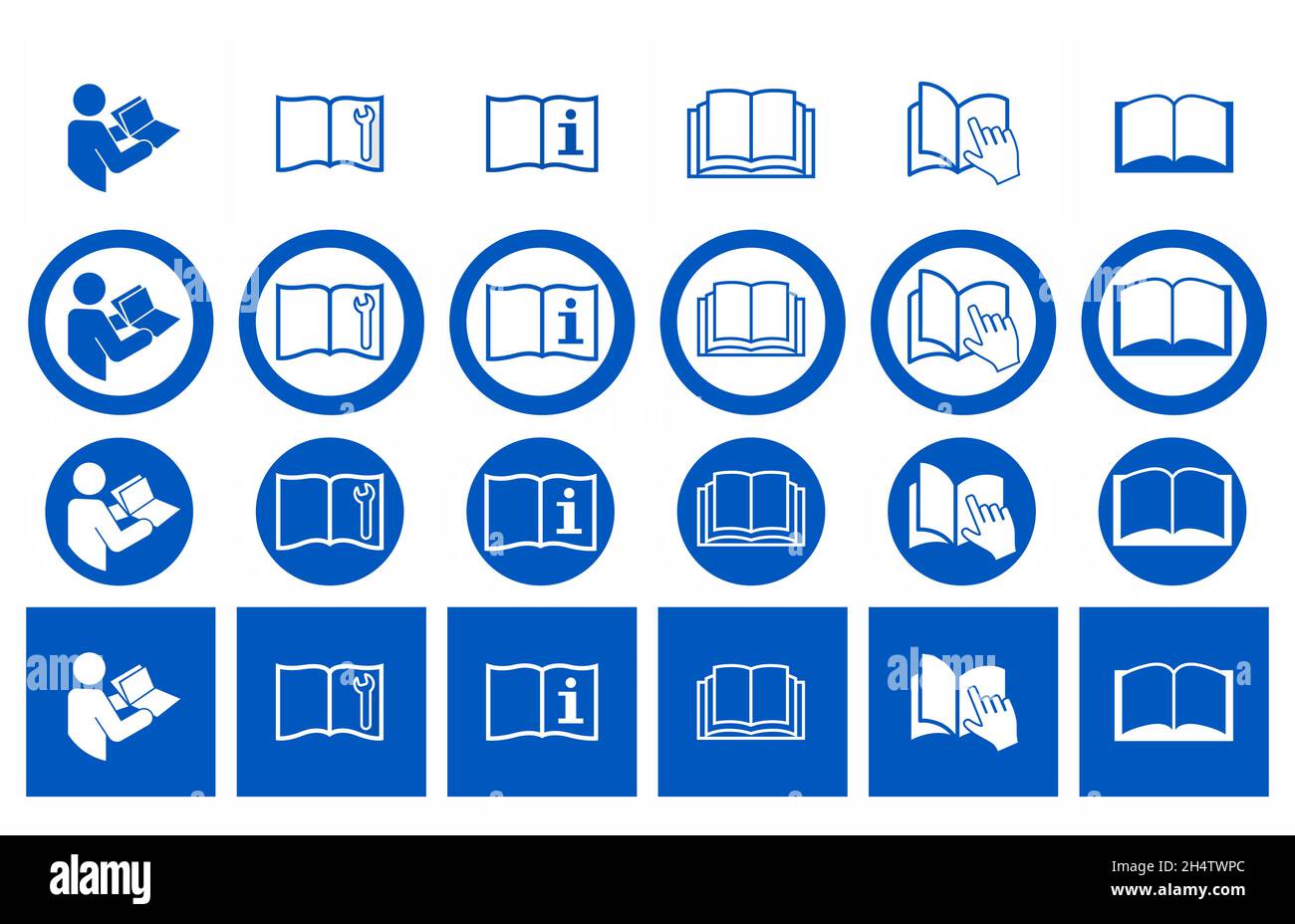 Reportez-vous aux affiches du manuel d'instructions. Illustration vectorielle de signes circulaires bleus avec la main pointe vers le livre ouvert. Lire le livret d'instructions avant le Illustration de Vecteur