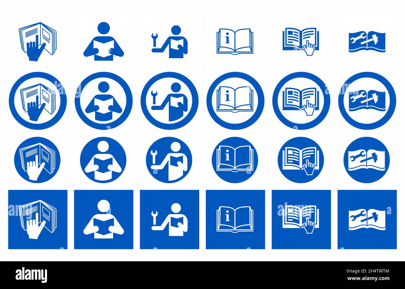 Reportez-vous aux affiches du manuel d'instructions. Illustration vectorielle de signes circulaires bleus avec la main pointe vers le livre ouvert. Lire le livret d'instructions avant le Illustration de Vecteur