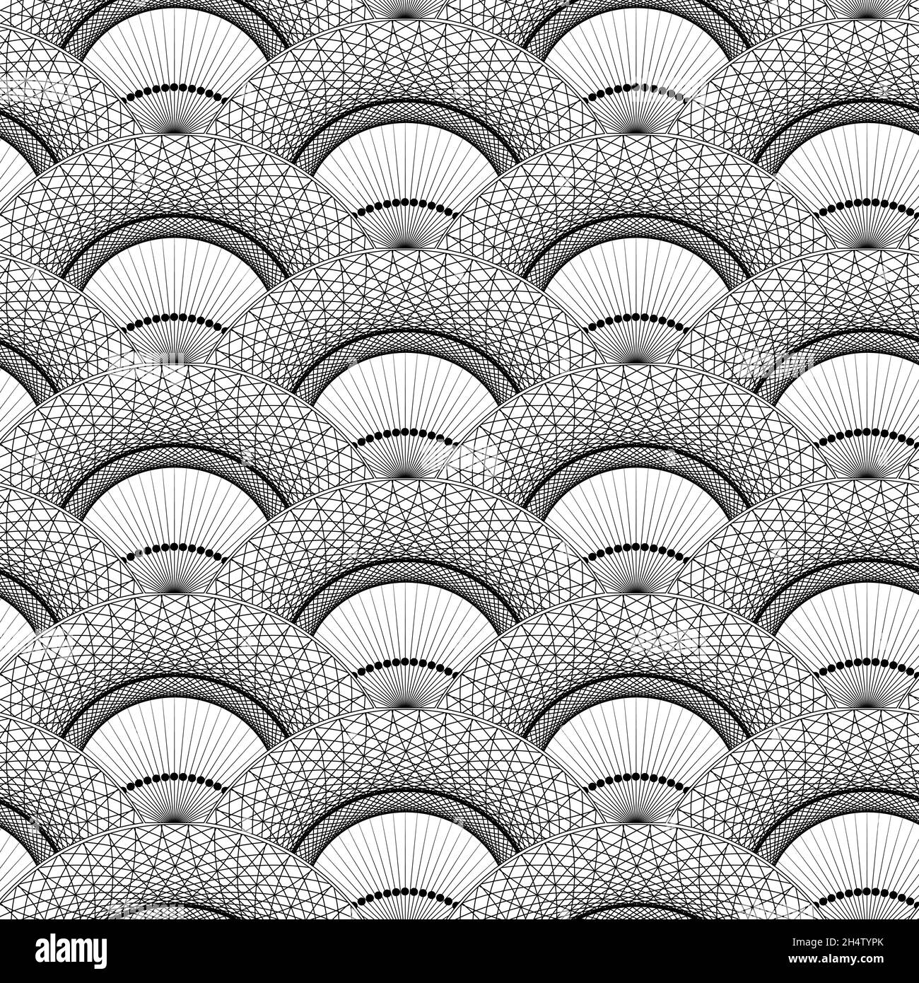 Motif géométrique moderne sans coutures ondulées.Décoration Seigaiha de style japonais.Faible polyfilaire, main polygonale dessinée.Queue de paon.Vecteur de bannière Illustration de Vecteur