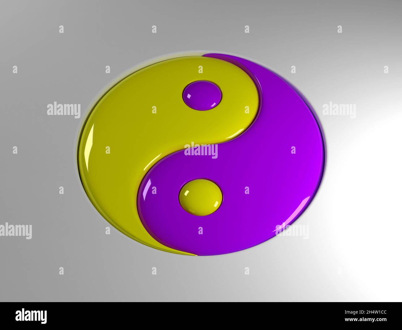Rendu 3d de l'ancien symbole de Tao (yin et yang) avec un aspect brillant liquide dans des couleurs complémentaires Banque D'Images