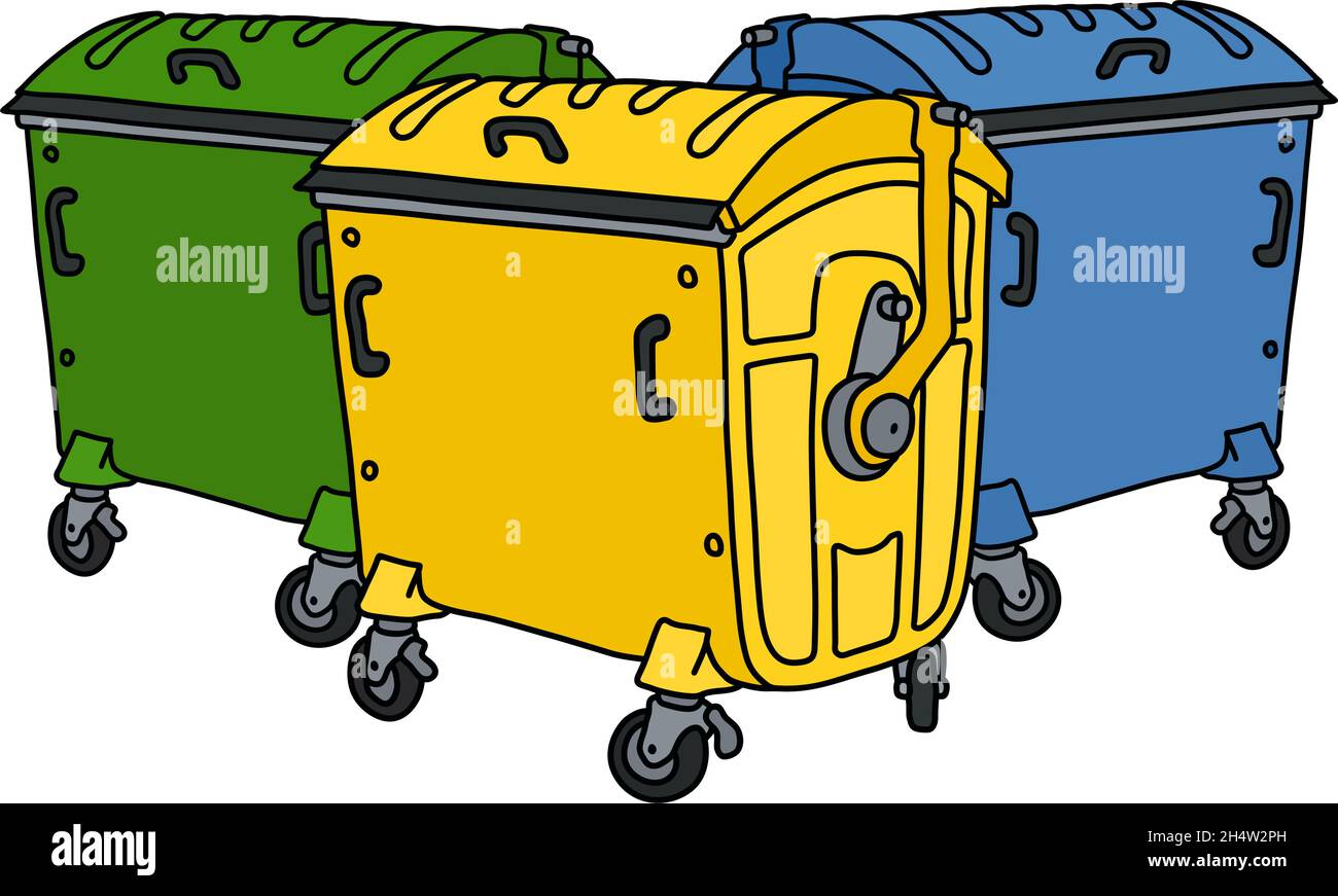 Le dessin à la main vectorisé de trois conteneurs de recyclage Illustration de Vecteur