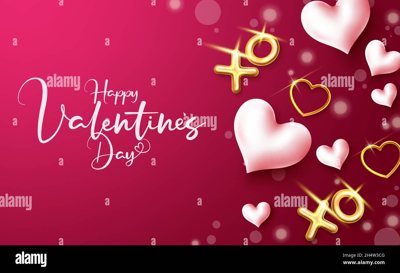 Motif vectoriel de Saint-Valentin en arrière-plan.Joyeux texte de salutation de jour de Saint Valentin avec décoration élégante de ballon d'or et de coeurs pour romantique. Illustration de Vecteur