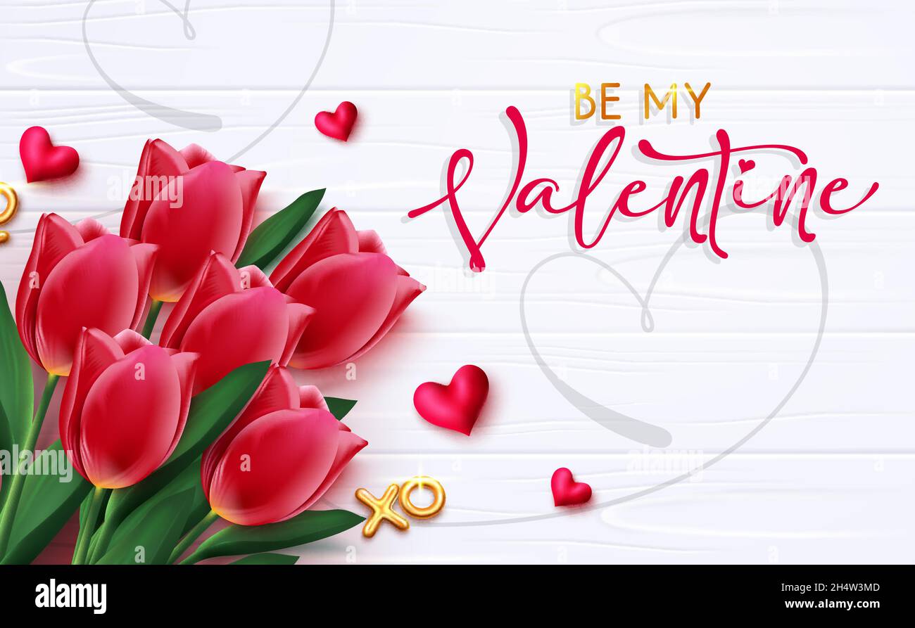 Motif vectoriel d'invitation de la Saint-Valentin.Soyez mon texte de Valentin avec des tulipes bouquet romantique élément pour coeur jour fleur présent et célébration. Illustration de Vecteur