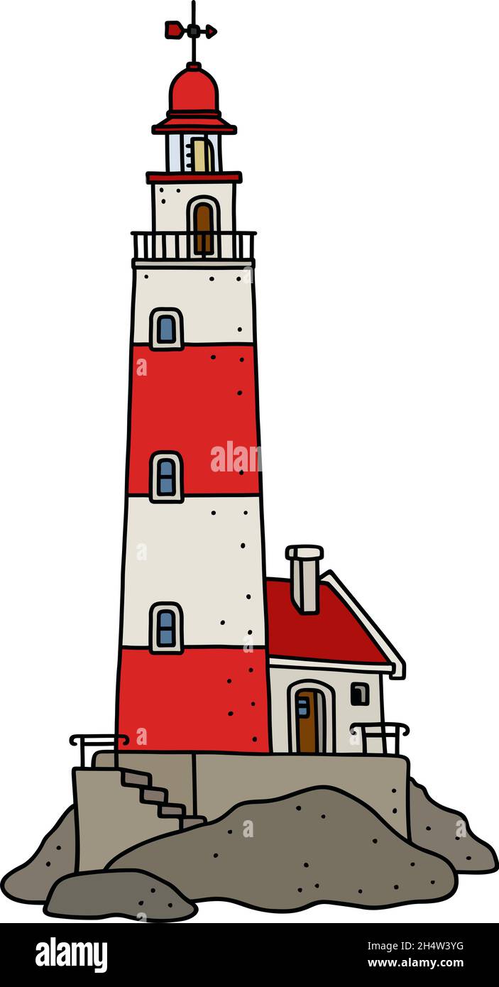 Le Dessin A La Main Vectorise D Un Vieux Phare En Pierre Rouge Et Blanche Drole Image Vectorielle Stock Alamy