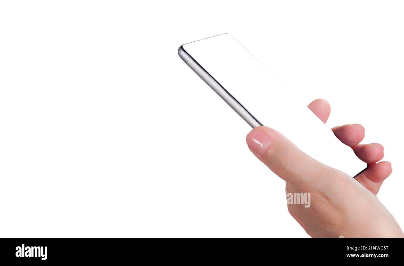 Smartphone dans la main des femmes isolé sur fond blanc. Maquette de l'utilisation d'un périphérique de communication et de gadgets Banque D'Images