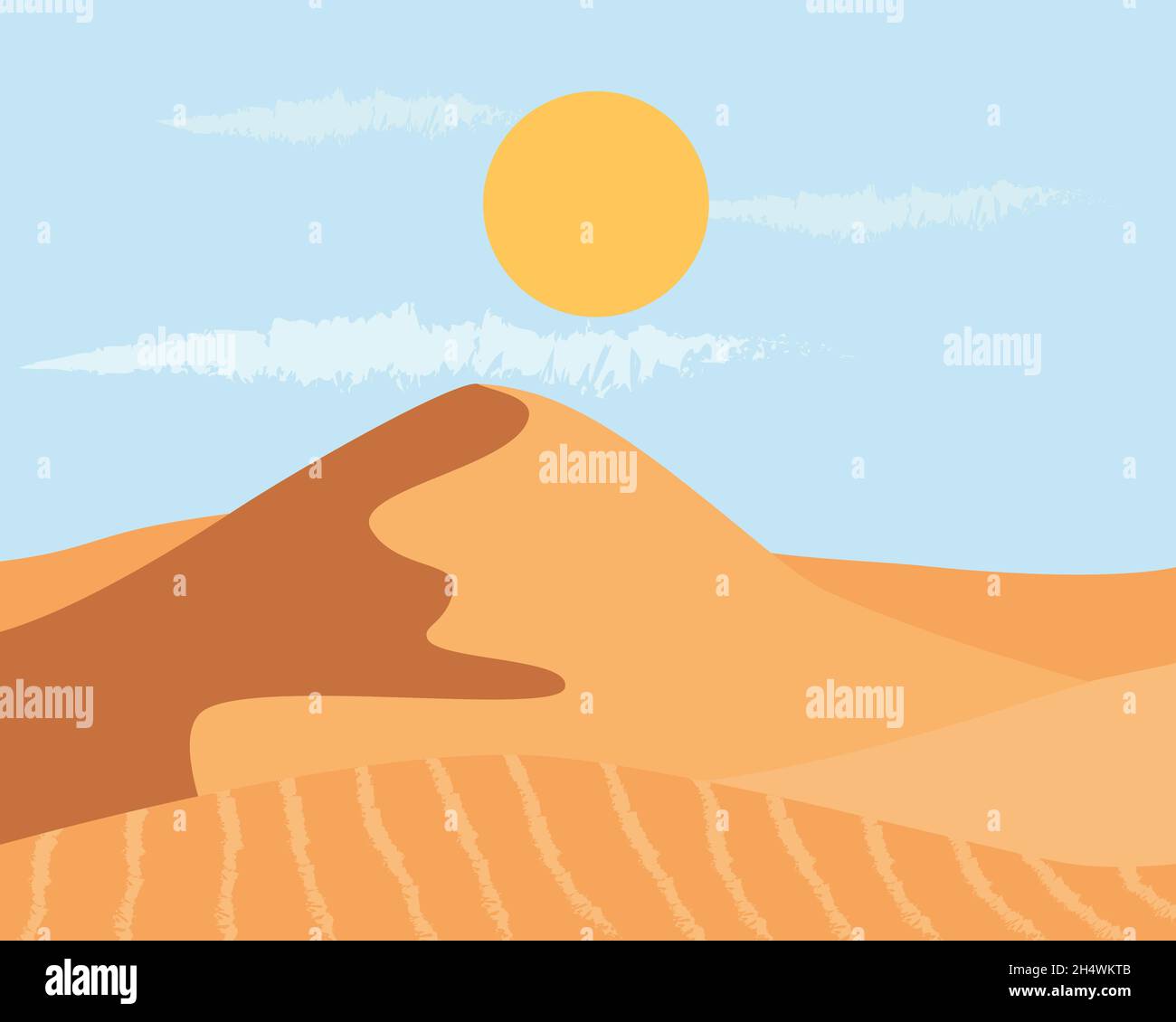 Paysage désertique dessiné à la main.Dunes de sable sur la toile de fond du soleil chaud.Désert sec sans fin, fond de sable.Illustration vectorielle. Illustration de Vecteur