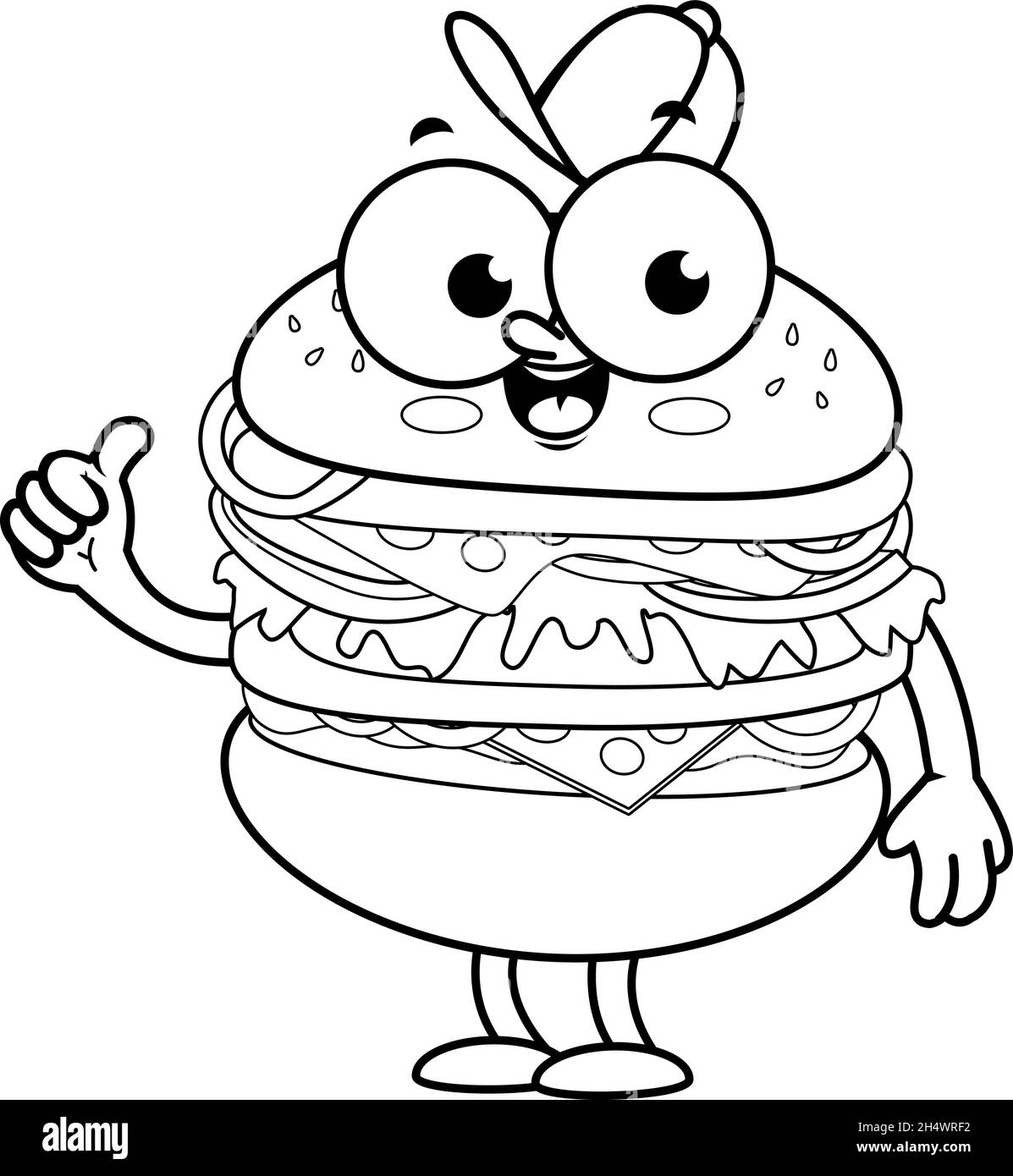 Personnage de hamburger de dessin animé.Page de couleur noire et blanche vectorielle Illustration de Vecteur