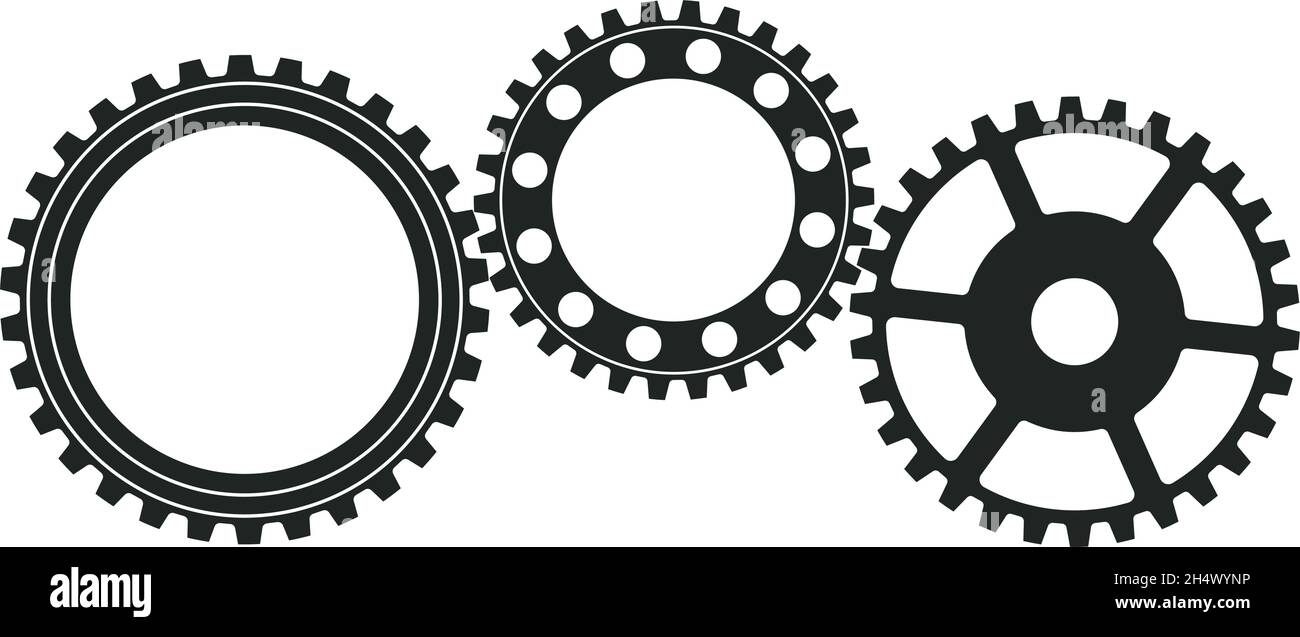 Symbole de roue dentée ou de travail sur fond blanc isolé.Trois roues noires en coopération. Illustration de Vecteur