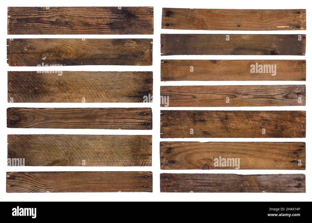 Anciennes planches de bois vintage isolées sur fond blanc. Banque D'Images
