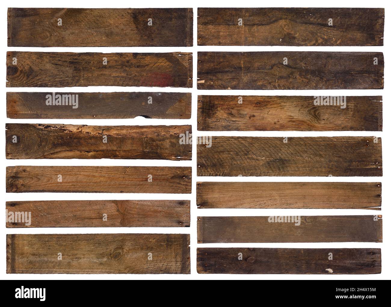 Anciennes planches de bois vintage isolées sur fond blanc. Banque D'Images