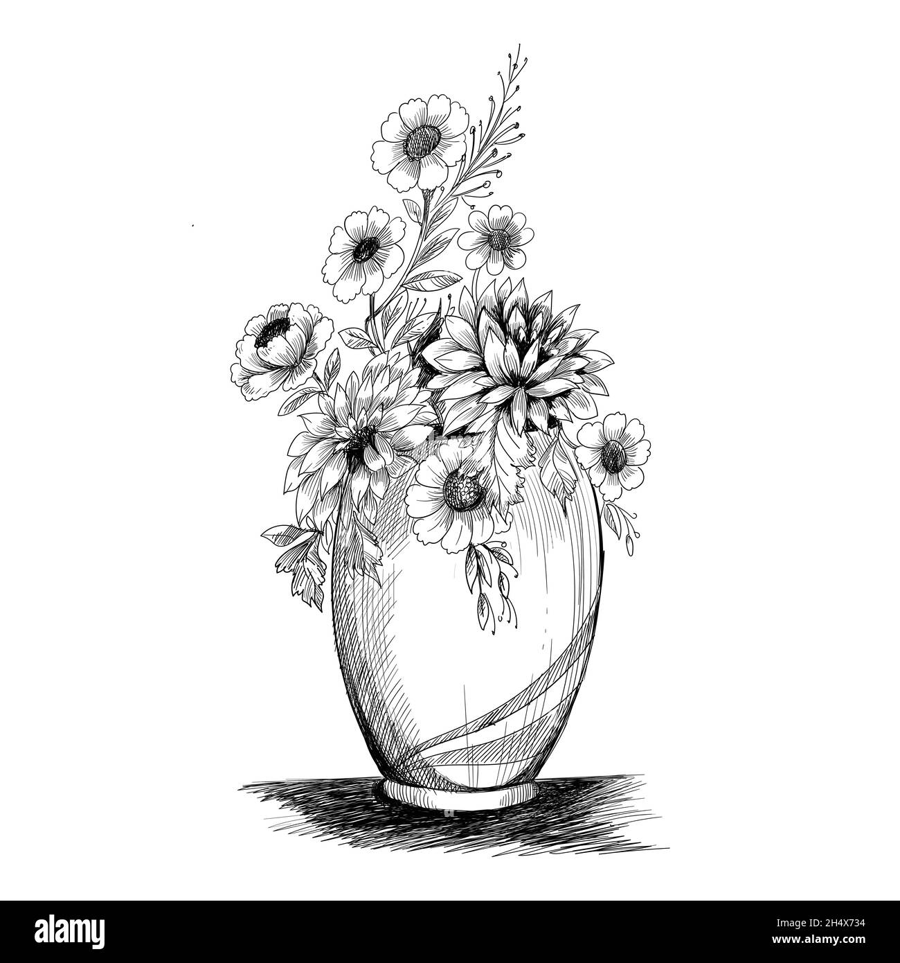Composition florale.Bouquet de fleurs et plantes de printemps dessinées à la main Illustration de Vecteur