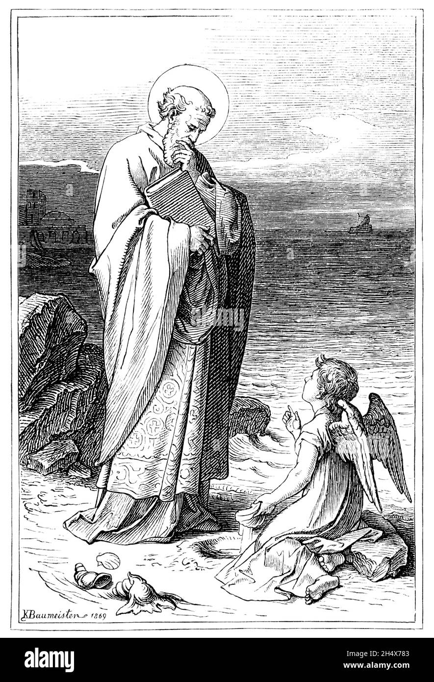 Saint Paul l'Apôtre visité par Angel on the Shore.Bible, Nouveau testament.Ancien dessin antique Banque D'Images