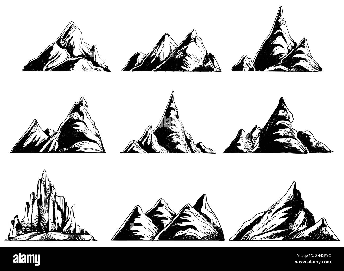 Dessin à la main de montagnes monochromes ensemble croquis Illustration de Vecteur