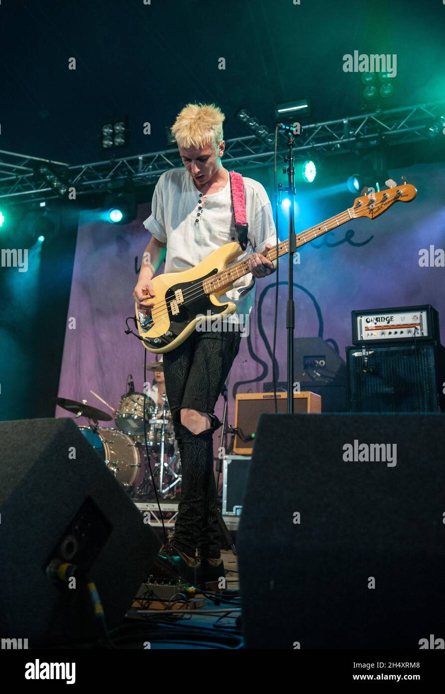 Theo Ellis de Wolf Alice vit sur scène le jour 3 au Leeds Festival le 24 août 2014 à Bramham Park, Leeds Banque D'Images