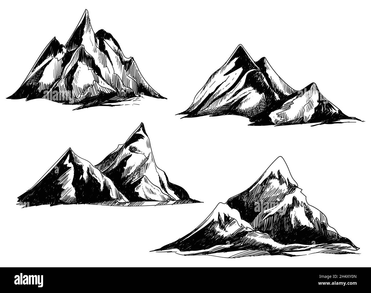 Dessin à la main de montagnes monochromes ensemble croquis Illustration de Vecteur