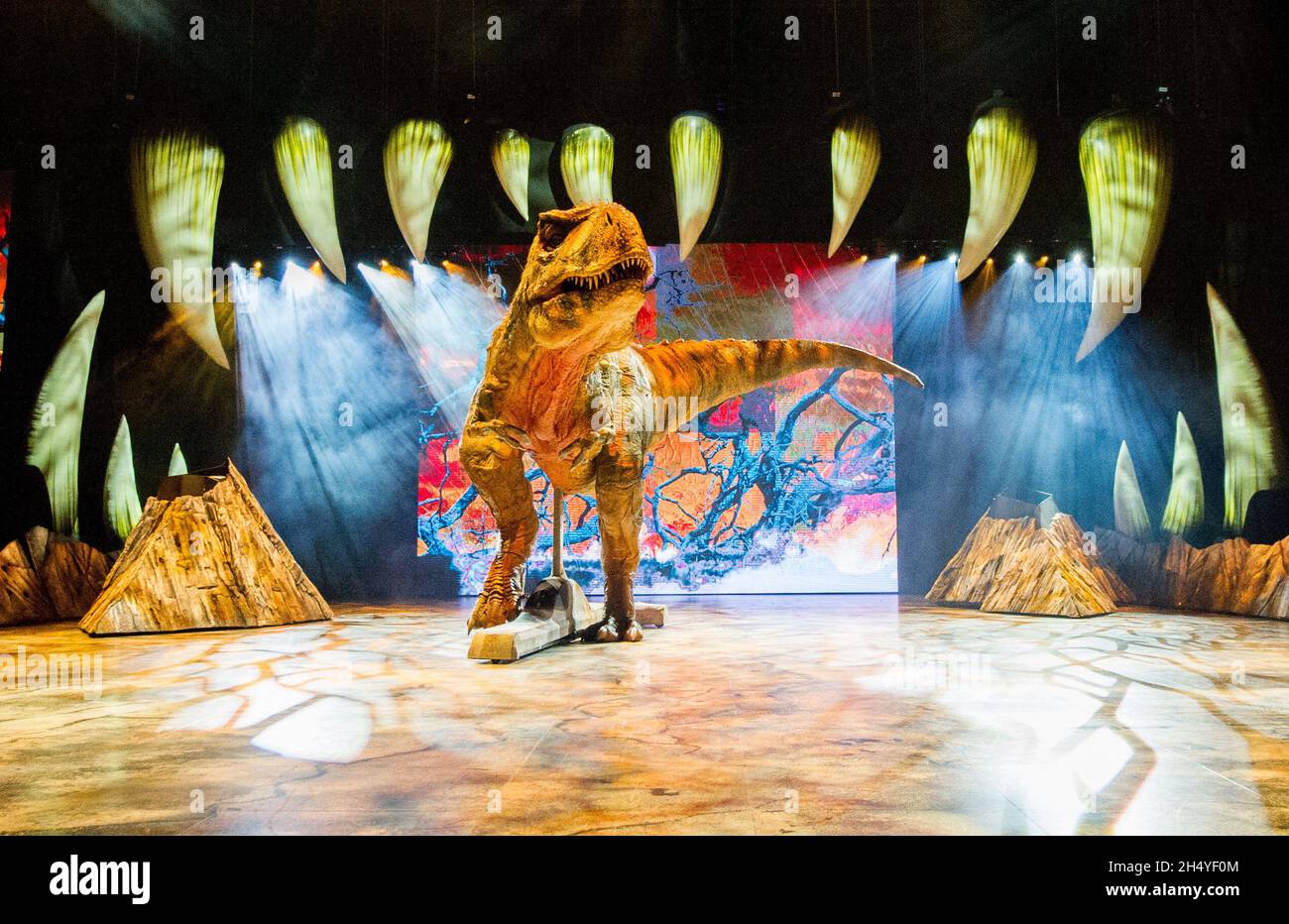 T-Rex posant au cours de la séance photo pour marcher avec les dinosaures – l'Arena Spectacular à l'Arena Birmingham le 26 juillet 2018 à Birmingham, en Angleterre.Date de la photo: Jeudi 26 juillet 2018.Crédit photo : Katja Ogrin/ EMPICS Entertainment. Banque D'Images