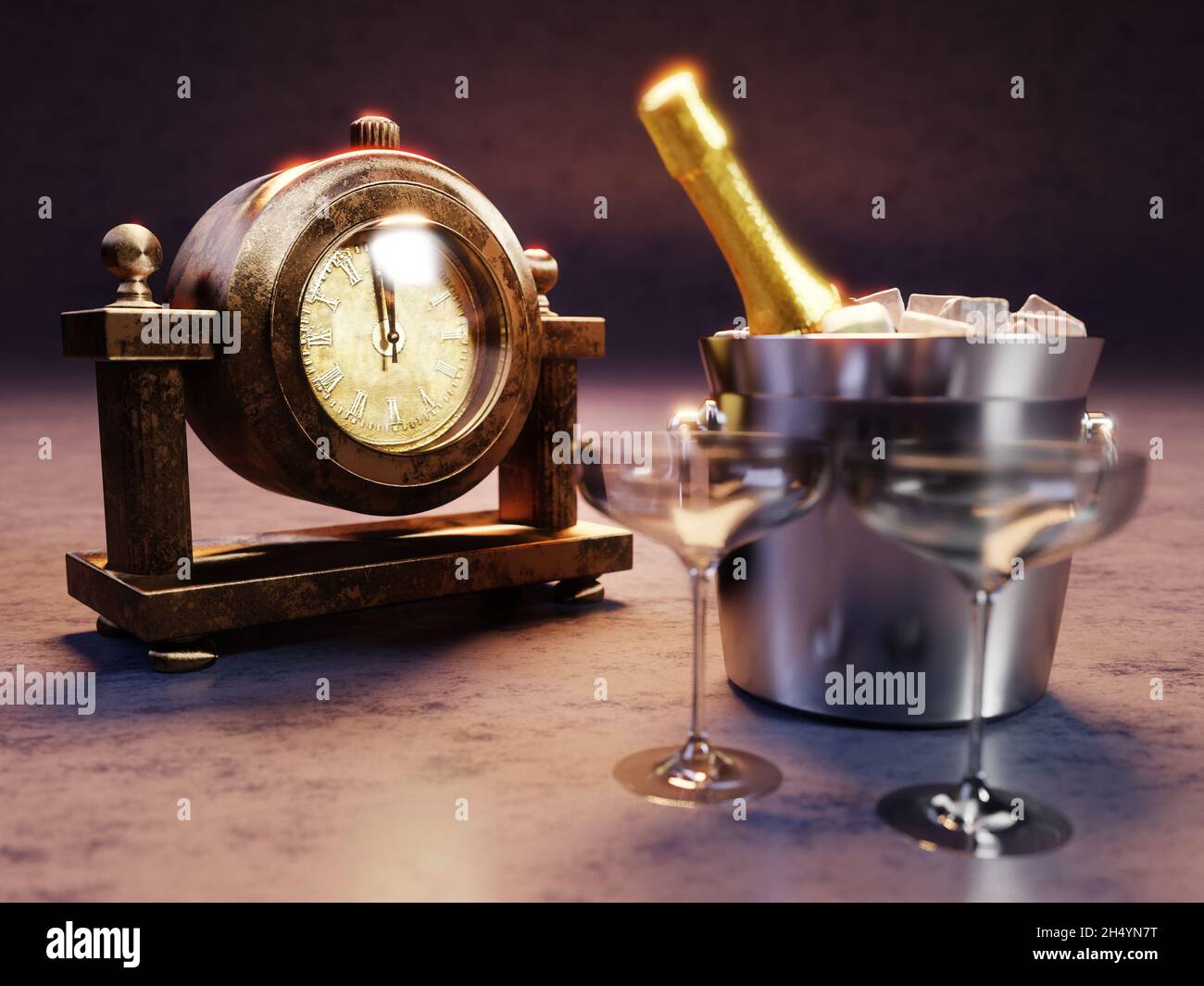 Rendu 3D de l'horloge de table montrant minuit, une bouteille de champagne dans une glacière et deux verres à champagne sur fond bleu foncé Banque D'Images