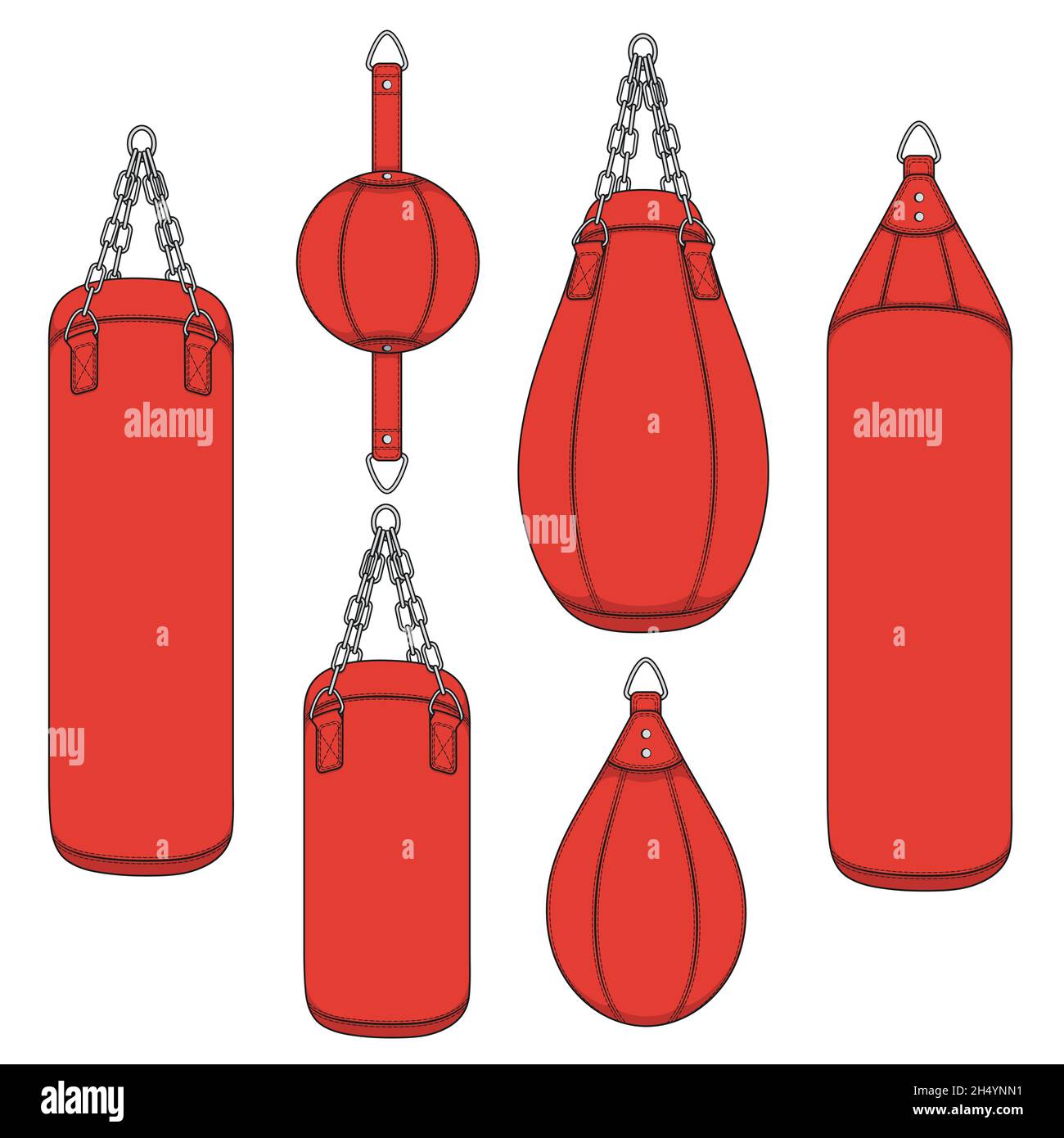 Jeu d'illustrations de couleur avec sac de poinçonnage rouge, poire de boxe.Objets vectoriels isolés sur fond blanc. Illustration de Vecteur