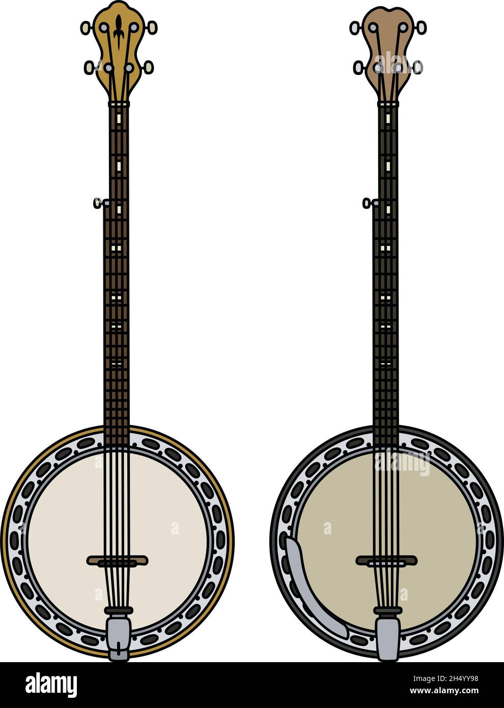 Dessin à la main de deux banjo classique à cinq ficelles Illustration de Vecteur