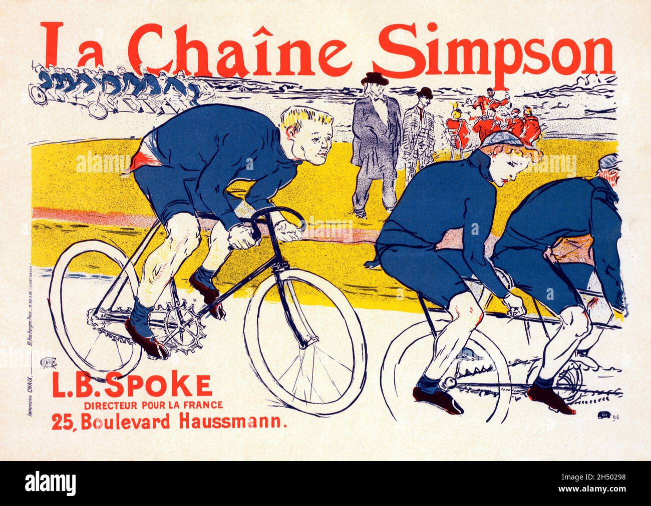 Affiche ancienne française „la chaîne Simpson“, cette affiche montre Andre Huret, derrière l'équipe de pilotage Gladiator, vu depuis le centre de la piste par l'impresario sportif Tristan Bernard et Louis Bouglé (connu sous le nom de 'Spoke'), l'agent français des chaînes Simpson. Par Henri de Toulouse-Lautrec, 1896. Banque D'Images