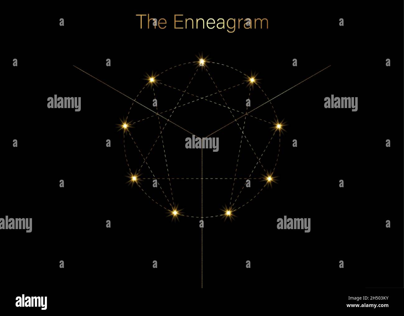 Icône Enneagram, géométrie sacrée de luxe doré, modèle de logo de diagramme, un à neuf concernant les neuf types de personnalité, style en pointillés dorés Illustration de Vecteur