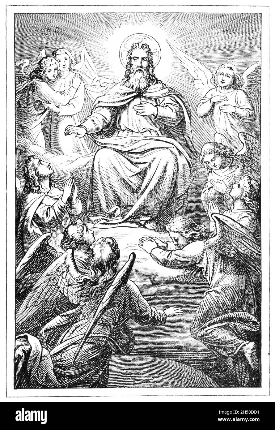 Dieu le Père assis sur le trône dans le ciel entouré d'anges ou de chérubins.Bible, ancien testament.Ancien dessin antique Banque D'Images