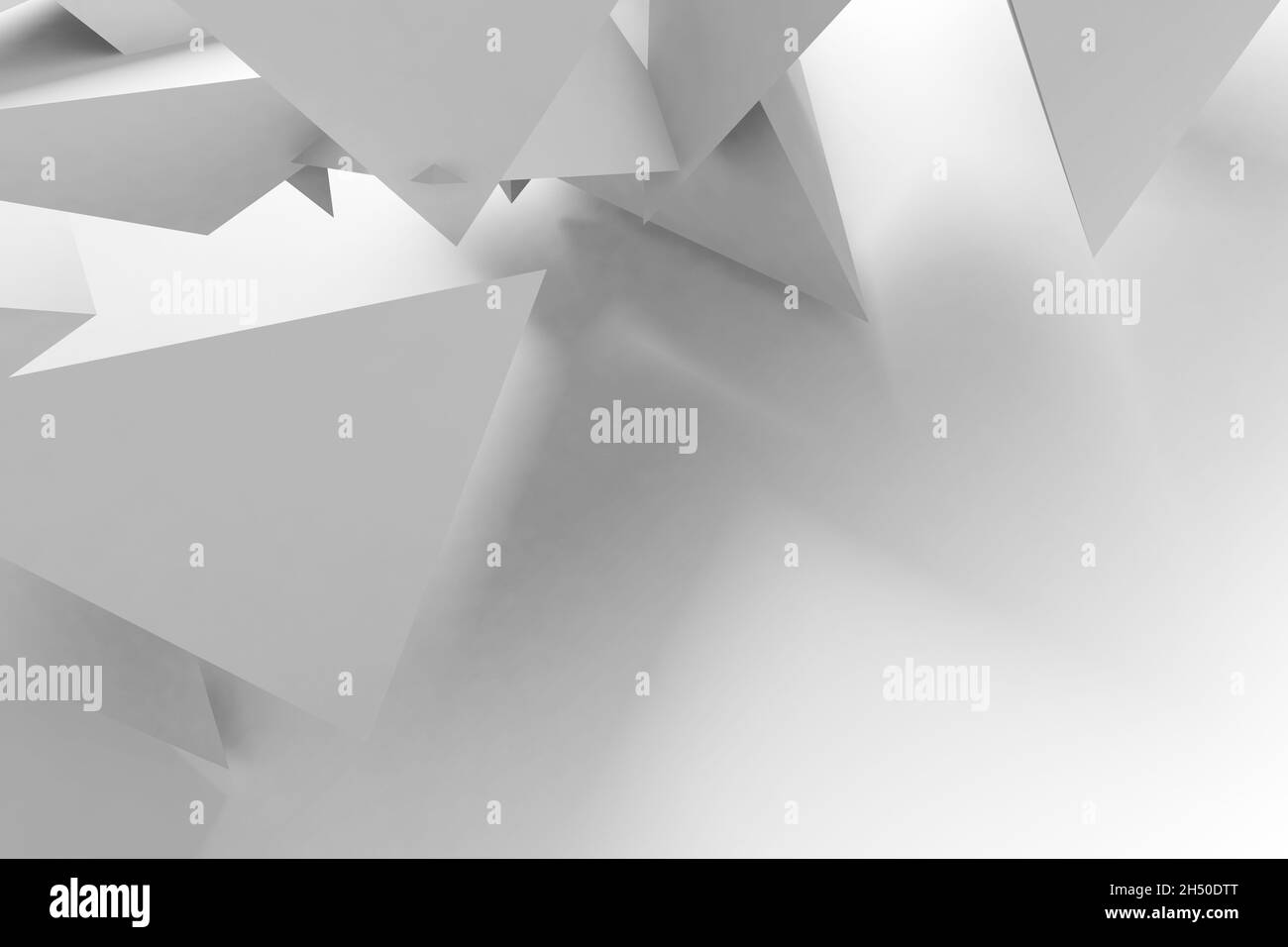 Arrière-plan géométrique abstrait, installation aléatoire d'objets triangulaires blancs.illustration de rendu 3d Banque D'Images