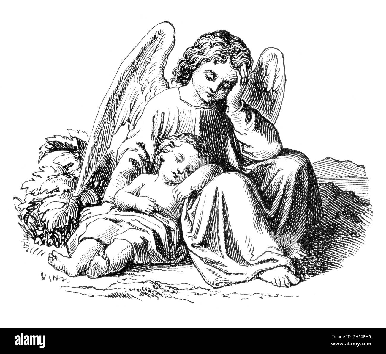 Ange et bébé Jésus Christ.Bible, Nouveau testament.Ancien dessin antique Banque D'Images