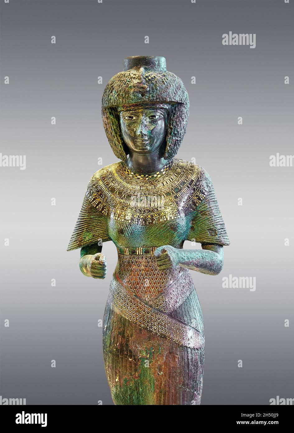 Ancienne sculpture égyptienne en bronze de Karomama, 870=810 av. J.-C., 22e dynastie, Thèbes, bronze .Musée du Louvre N 500.Détail : adorateur divin debout, plu Banque D'Images