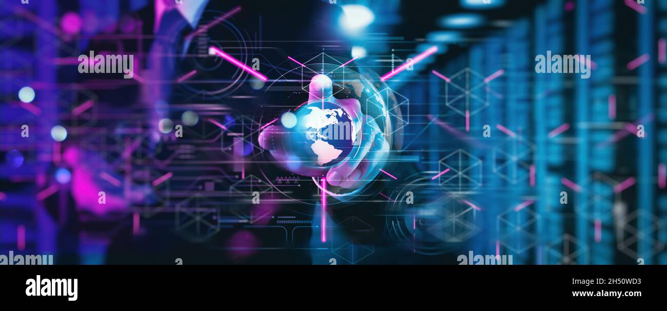 Métaverse Digital Cyber World Technology concept homme d'affaires succès travailler avec son équipe comme concept avec l'interface de tableau de bord numérique virtuel Banque D'Images